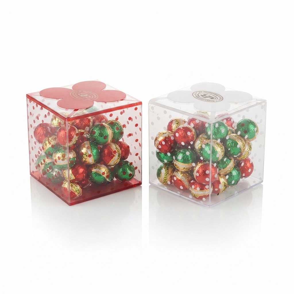 Gift box filled with foil-wrapped chocolate balls